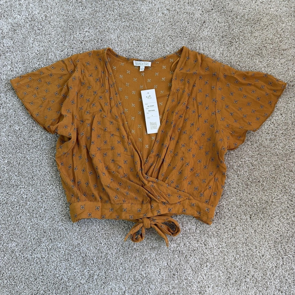 Patrons Of Peace Blouse Womens Large Yellow Floral Cropped Kimono Wrap Top